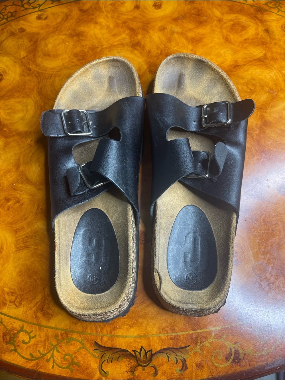 Black Leather Two-Strap Slide Sandals